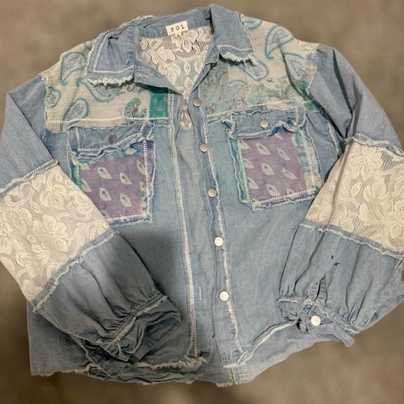 POL Mixed Patchwork Print & Light Denim Oversized Jacket - Picture 2 of 5